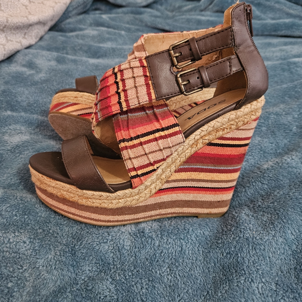 Stylish Brown and Red Wedge Sandals